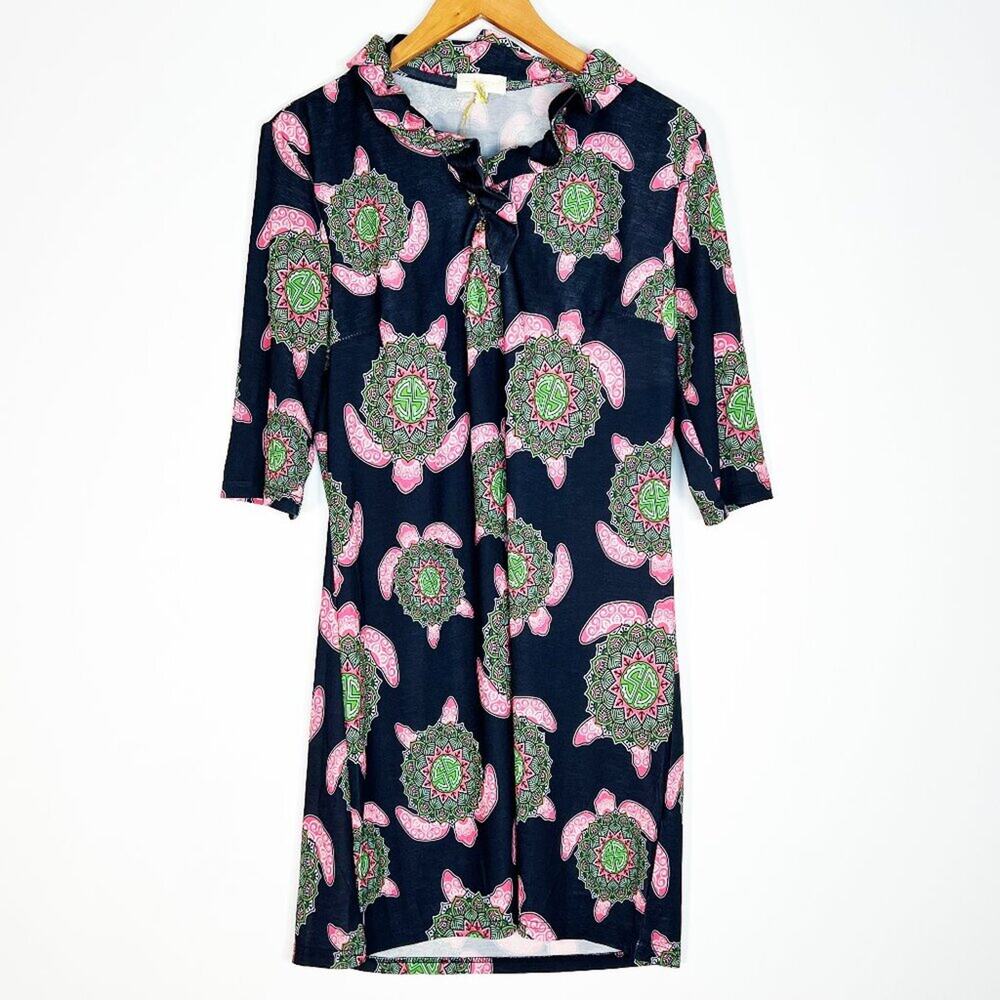 Simply Southern Sea Turtle Boho Dress Navy Green Pink Womens M NWT